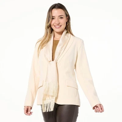 Blazer tejido IMAN Global Chic para mujer con bufanda de satén desmontable crema talla 1X Foto 1 de 4