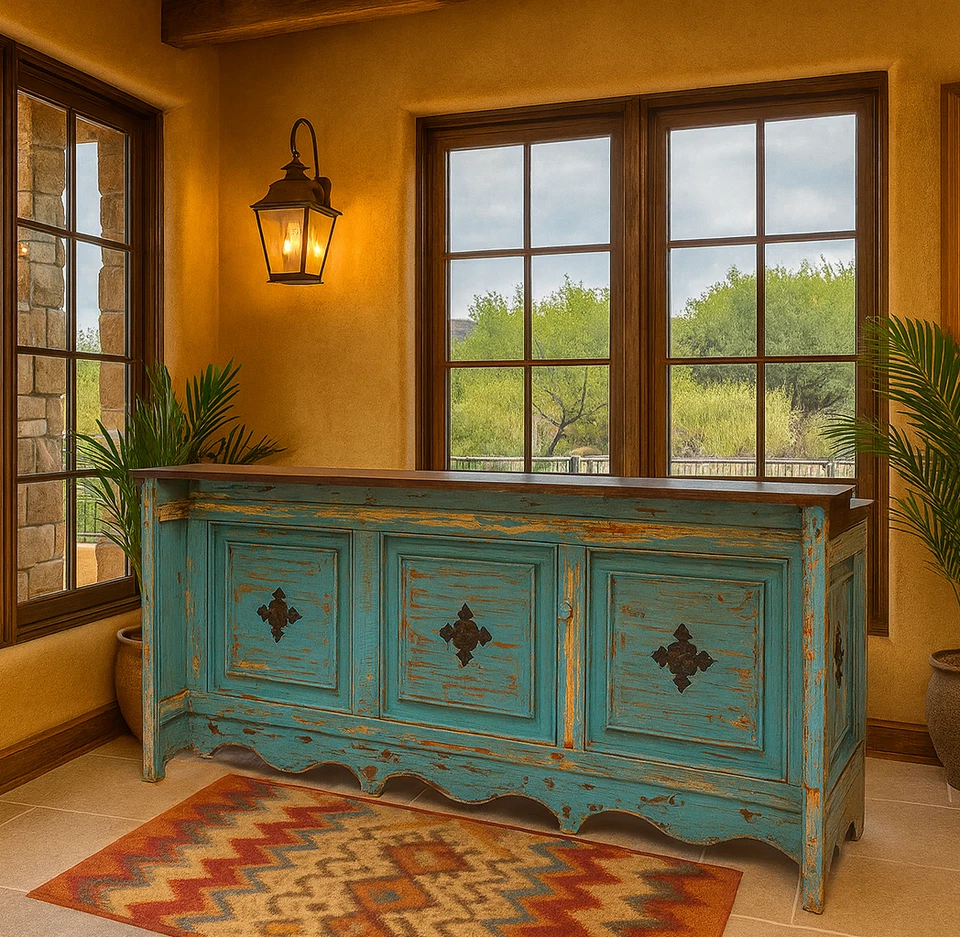 Santa Fe Cantina Bar - Madera Turquesa Envejecida con Dije Rústico Foto 1 de 4