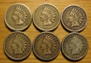 COMPLETE SET ALL (6) 1859 60 1861 62 63 64  COPPER NICKEL CIVIL WAR INDIAN CENTS - Picture 1 of 2