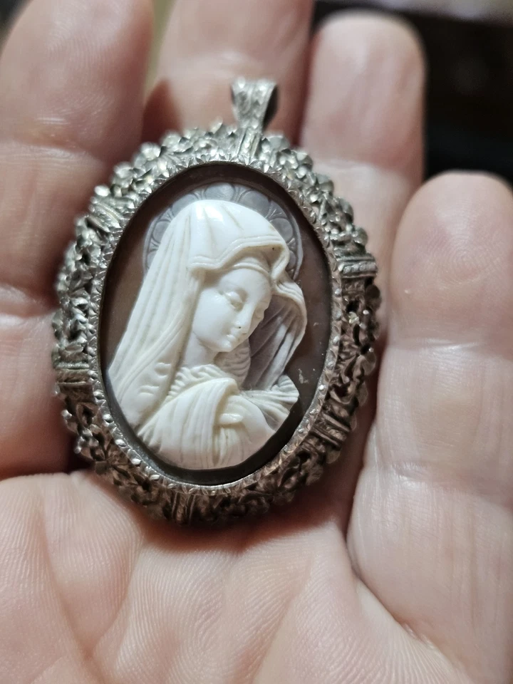 Spilla Ciondolo pendente antico cammeo Vergine Maria Madonna Argento 800 - Immagine 1 di 4
