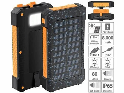 revolt Solar-Powerbank 8000mAh, 2×USB 2A, USB-C Input, LED-Lampe, IP65 Outdoor - Bild 1 von 4
