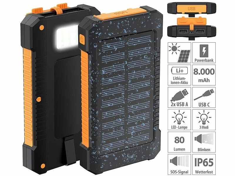 revolt Solar-Powerbank 8000mAh, 2×USB 2A, USB-C Input, LED-Lampe, IP65 Outdoor - Bild 1 von 4