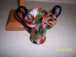 Vaso fine giornata vintage in vetro artistico ceco con manici applicati blu cobalto - Foto 1 di 7