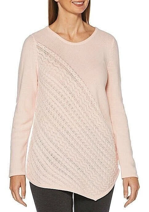 Rafaella Women's Plus 3X Asymmetrical Cable Knit Sweater Soft Blue Green