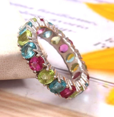 Anillo de eternidad hecho a mano de plata 925 con múltiples piedras preciosas banda arco iris topacio turmalina Foto 1 de 3