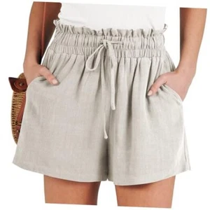  Linen Shorts for Women Casual High Waisted Wide Leg Drawstring Large Apricot - Picture 1 of 7