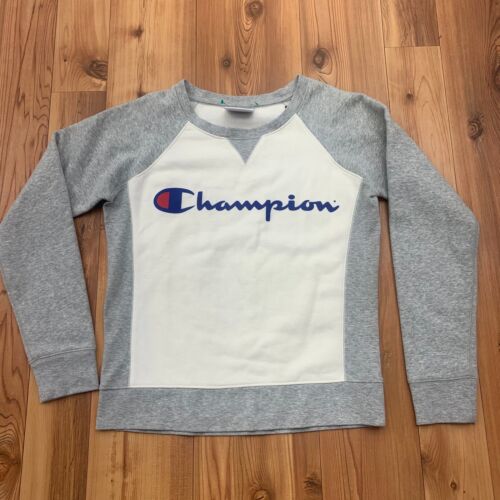 Champion Vit Long Sleeve Båt Neck Graphic Print Logo Sweatshirt Size XS