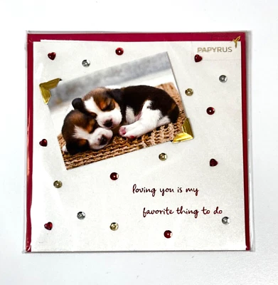 Tarjeta de Felicitación Papiro Día de San Valentín Adornada Estrás Corazones Cachorros Amor Foto 1 de 2