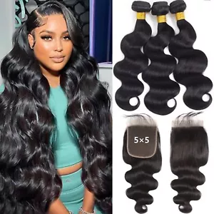 10A Human Hair Body Wave Bundles with 5×5 HD Lace Closure Remy Virgin Hair Weft - Picture 1 of 15