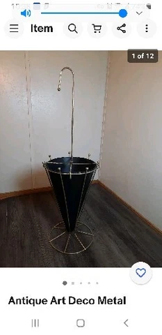 Antique Art Deco Metal Umbrella Stand Black & Gold Cover