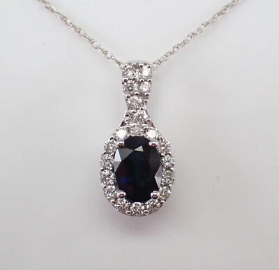 Collar colgante con halo de diamantes y zafiro azul cadena gargantilla de oro blanco de 18" Foto 1 de 4