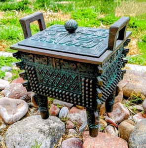 Cubo de hielo vintage chino de mediados de siglo de aleación de metal Fang Ding ritual recipiente usado en excelente estado - Imagen 1 de 9
