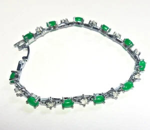 Vtg Silver Tone Link Bracelet Jade Cubic Zirconia Stones 7.5" L Costume Fashion - Imagen 1 de 10