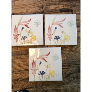 Porcelain Wall Tile Painted Floral Square 6" Flowers Butterflies Salerno Italy 3 - Picture 1 of 8
