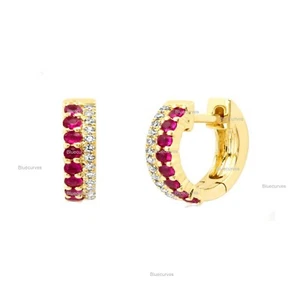 Natural Pink Ruby With Natural Diamonds Two Row Hoops Earrings in14k Yellow Gold - Picture 1 of 3