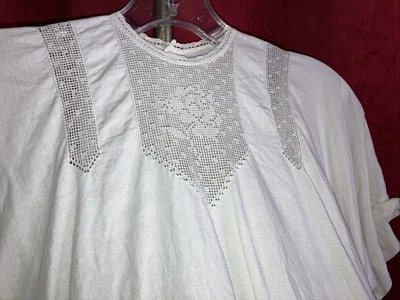 Antiguo vestido de casa eduardiano de 1910 de la década de 1920 de lino inserción de encaje filete aleta de salón Foto 1 de 4