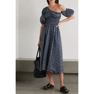 La Ligne Julia One Shoulder Polka Dot Puffärmel Kleid Navy Weiß Midi Medium - Bild 1 von 14