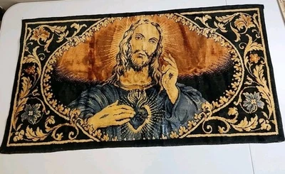 Vintage Jesus Sacred Heart Tapestry 37”x19.5” 70s Wall Hanging Art Decor  - Image 1 of 4