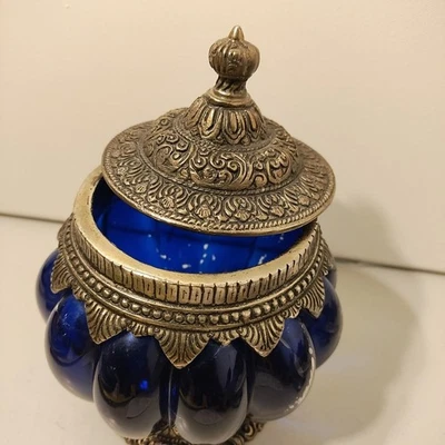 VGT Blue Sapphire Cobalt Flush Glass Dazzle Thinket Box W/  Lid Storage Alladin  - Image 1 of 4