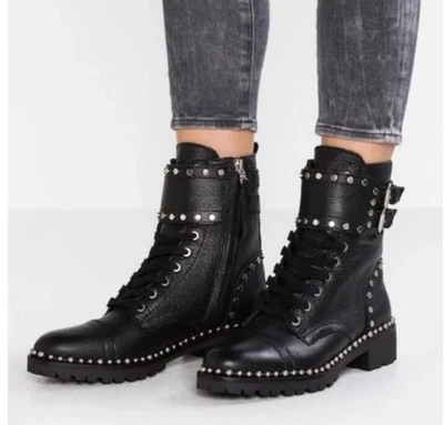 Sam Edelman Jennifer Botas de Combate de Cuero Negro Tachonado Hebilla Correa Cremallera 7 Foto 1 de 4