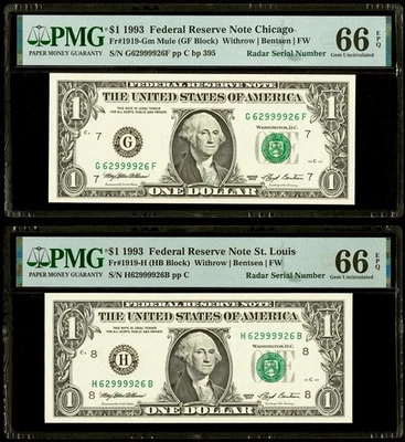 MATCHING PAIR RADAR SERIAL NUMBERS 62999926 Both PMG 66 EPQ Gem Uncirculated - Image 1 of 2