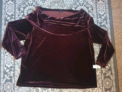 Top Talbots Fuera del Hombro Terciopelo 2X Borgoña Capricho Romántico Nuevo con Etiquetas Foto 1 de 4