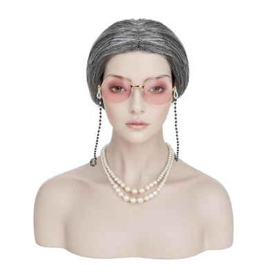 Juego de disfraces de anciana dama peluca, gafas, collar y accesorios de abuela de 5 piezas Foto 1 de 4