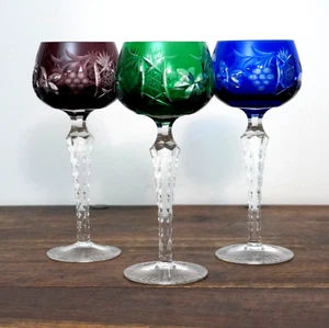 Lot of 3 - Lausitzer Cut to Clear 7 1/2" Hock Wine Glasses Blue Green Amethyst - Picture 1 of 12