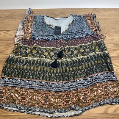 Blusa feminina nova com etiquetas Lucky Brand estampa boho tamanho XL manga curta 100% viscose - Imagem 1 de 4