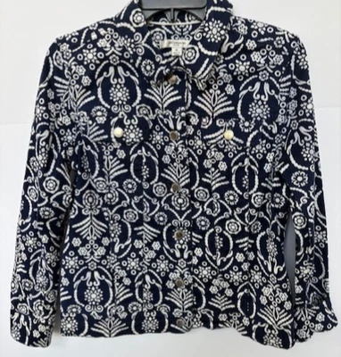 Chaqueta Liz Claiborne Mujer Azul Marino Blanco 10 Floral Plata Botón Elastizada Preparación Artística Foto 1 de 4