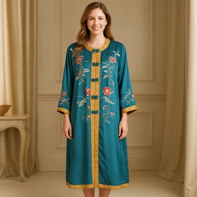 SOFT AROUND XL Bata de Seda Bordada Plumero Chaqueta Verde Azulado Dorado Floral Kimono Foto 1 de 4