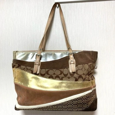 Bolsa tote COACH 1441 bolsa de mão marrom dourada assinatura lona couro patchwork usada - Imagem 1 de 4