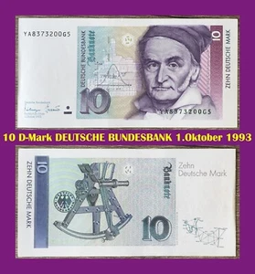 Ⓜ️ 10 Deutsche Mark ☘️ 1.Oktober 1993 💥 DM Schein Bundesbank 🍄 YA8373200G5 🌐 - Bild 1 von 3