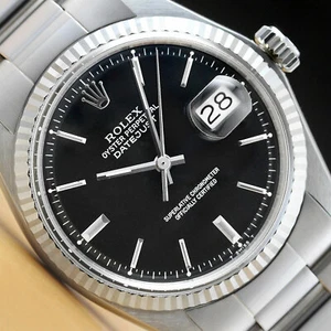 ROLEX MENS DATEJUST 18K WHITE GOLD BEZEL & STAINLESS STEEL BLACK DIAL WATCH - Picture 1 of 8
