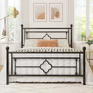 Queen Size Metal Platform Bed Frame with Victorian Vintage Headboard and Footboa - Picture 1 of 8