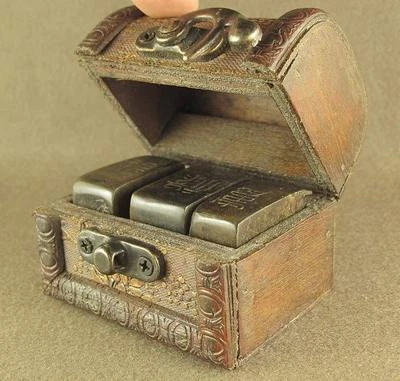 Антикварные китайские цветы династии Сун узоры деревянная шкатулка старый камень резьба 3 печати - Изображение 1 из 4