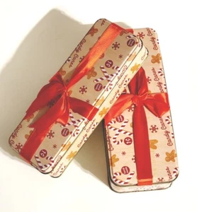 Set 2 Christmas Cookie Candy Tin Gift Box Rectangular Biege Tin W/ Red Candy - Picture 1 of 13