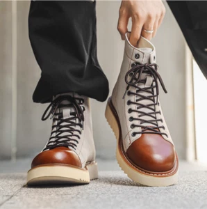 Hombres Otoño Botas Altas de Cuero Británicas Punta Redonda Con Cordones Cuero Botines - Imagen 1 de 19