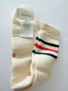 $395 New Gucci Men' Blue Red Striped Web GG Logo Mid Calf white/ivory Socks Sz L - Picture 1 of 13