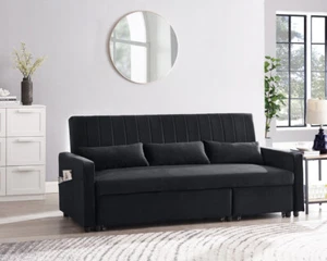 Sofa Bed Pull Out Velvet or Linen 3 Seater Grey Blue Black Chaise Function - Picture 1 of 36