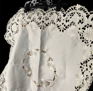 Vintage Table Cloth Serviette Cream Embroidery Cotton White Square 80 x 80cm - Picture 1 of 10