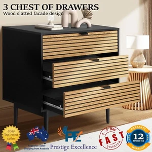 Oikiture 3 Chest of Drawers Dresser Table Bedside Slatted Lowboy Storage Cabinet - Picture 1 of 10