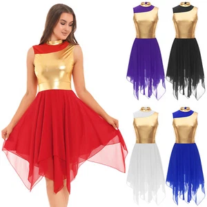 Women Sleeveless Metallic Asymmetrical Hem Lyrical Dance Costume Praise Dress - Picture 1 of 61
