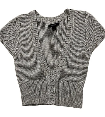 Cárdigan suéter tejido Express Y2K para mujer pequeño plateado metálico manga corta años 90 Foto 1 de 4