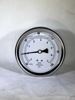 5 PACK LIQUID FILLED VACUUM GAUGE -30-0-100 PSI, 4" FACE, 1/4" BACK MOUNT - Image 1 of 2