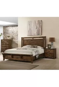3pc Rustic Style Bedroom Set Brown Queen Panel Bed Chest Nightstand Solid Wood - Picture 1 of 8