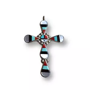 Vintage Signed Zuni ZME Sterling Sunface Turquoise Cross Pendant - Picture 1 of 4