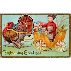 Original 1909 Antique Thanksgiving Greeting Postcard - American Flag - Embossed - Picture 1 of 2