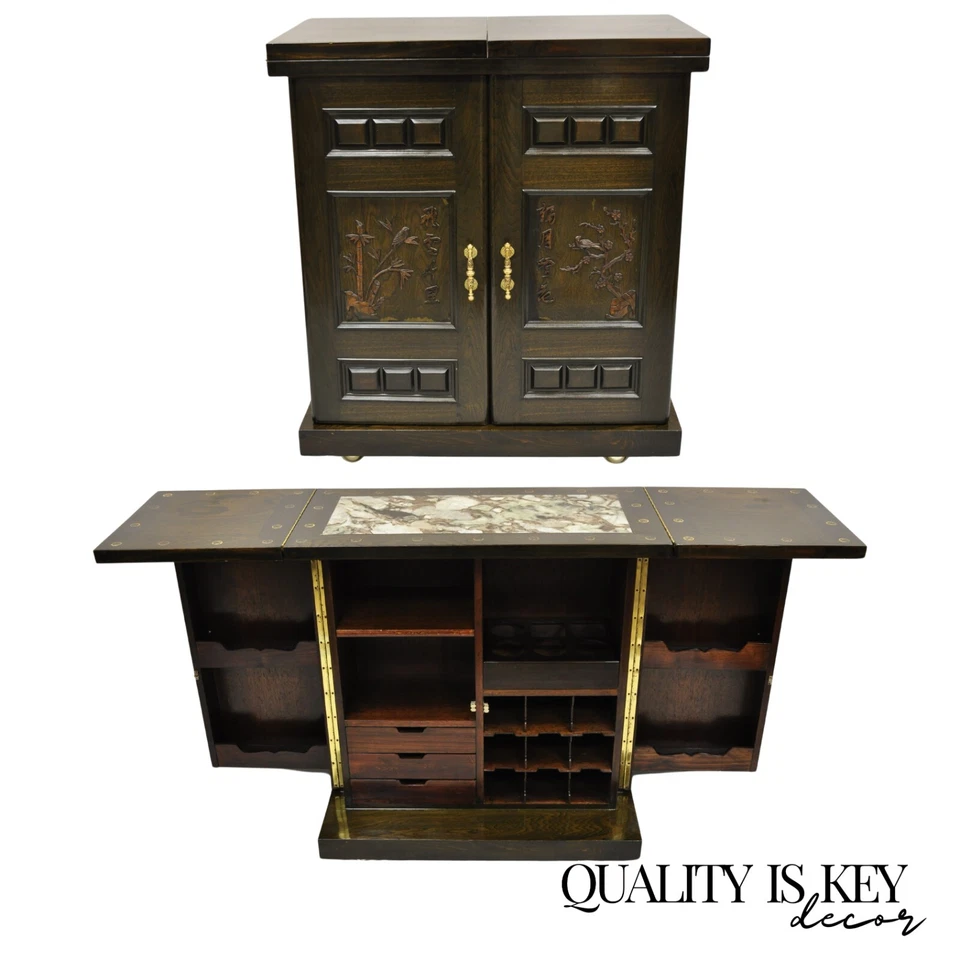 Gabinete de licor chino asiático con tapa de mármol tallado coreano vintage barra seca Foto 1 de 4