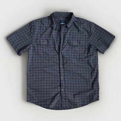 PRANA MENS CAMP SHIRT MEDIUM Blue Plaid Button Front Collar Pockets Short Sleeve - Image 1 of 4